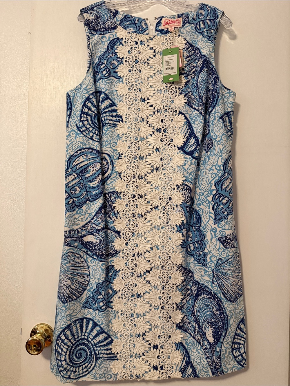 Lilly Pulitzer Originals Blue White Stuffed Shell Worth Shift Dress Crochet 16